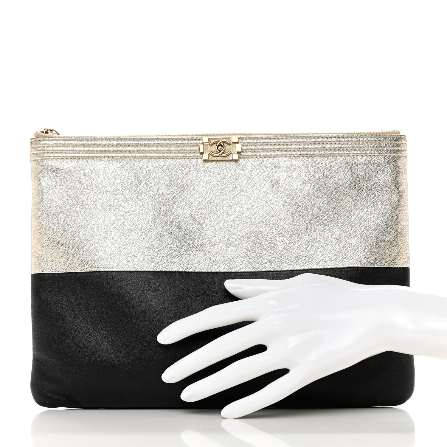 Chanel Metallic Goatskin Lambskin Medium Boy Cosmetic Case Black Gold 2 of 9