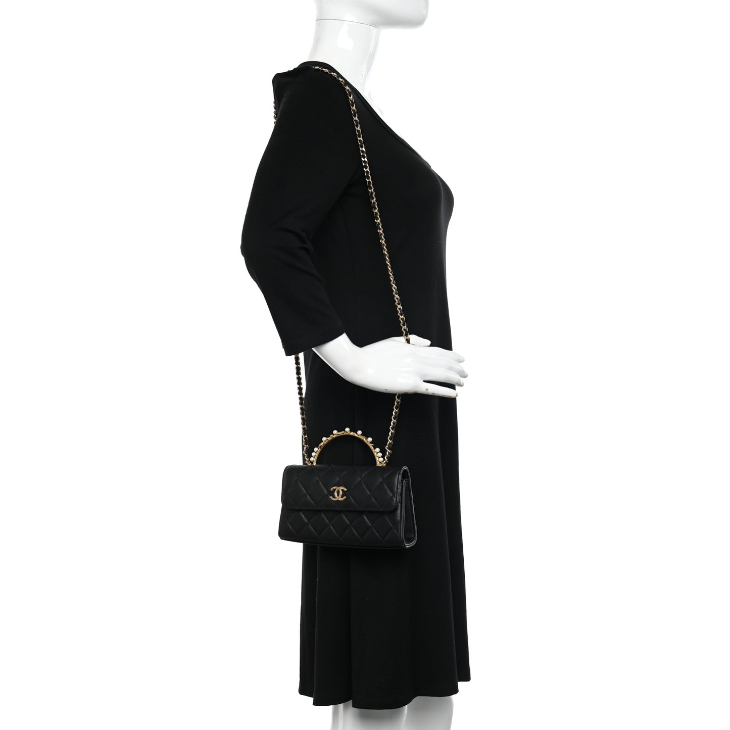 Lambskin Pearl Crystal Quilted Pearly Girl Handle Flap Phone Holder With Chain Black