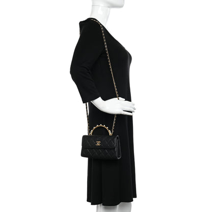 Chanel Lambskin Pearl Crystal Quilted Pearly Girl Handle Flap Phone Holder With Chain Black 2 of 12
