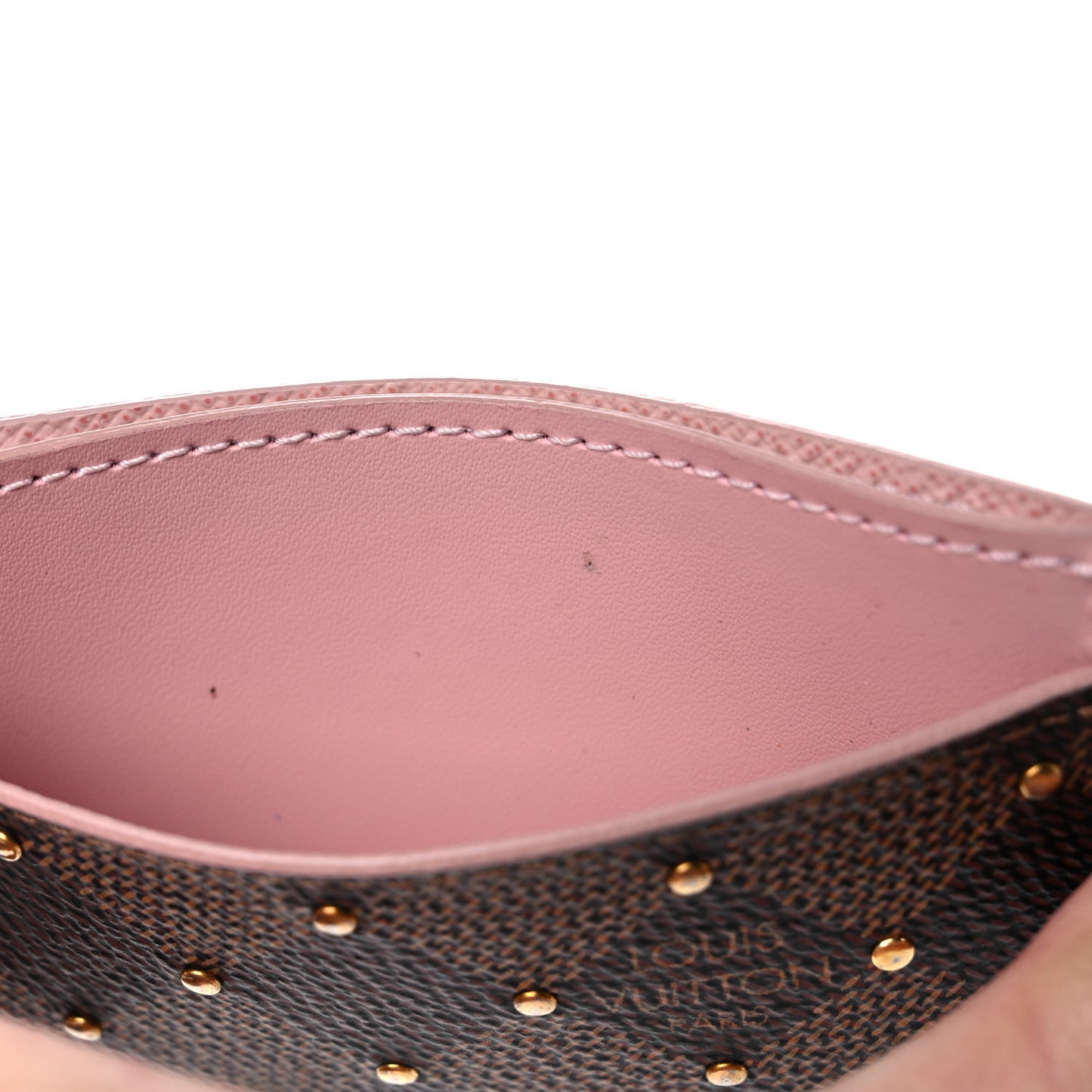 Damier Ebene Studded Card Holder Rose Ballerine
