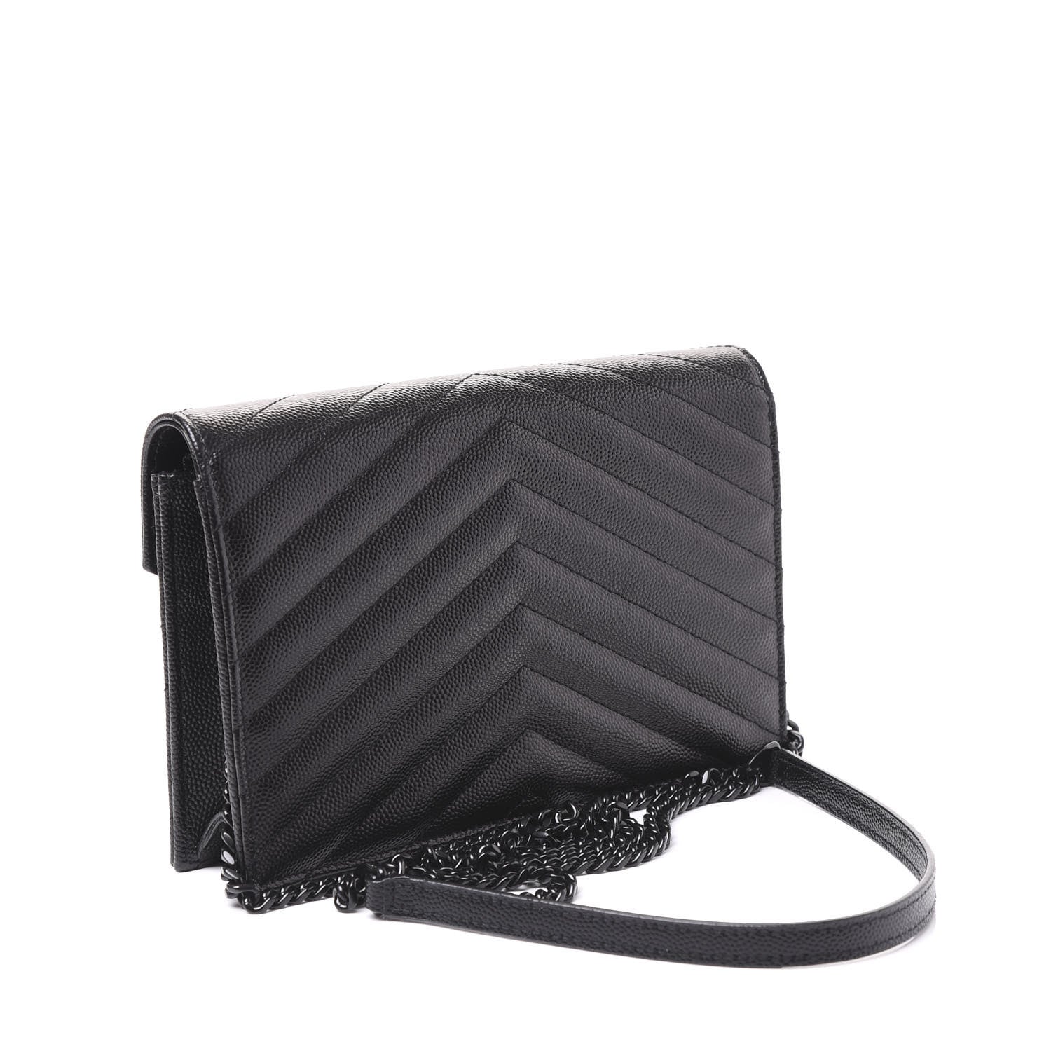 Saint Laurent Grain De Poudre Matelasse Chevron Monogram Envelope Chain Wallet Black 2 of 8