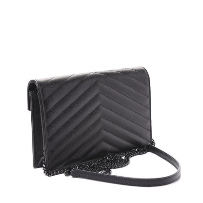 Saint Laurent Grain De Poudre Matelasse Chevron Monogram Envelope Chain Wallet Black 2 of 8