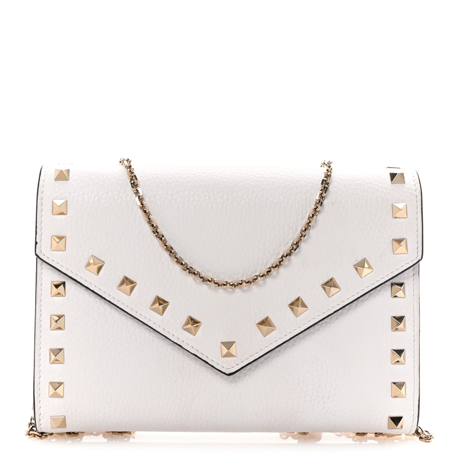 Valentino Garavani Pebbled Calfskin Rockstud Envelope Wallet on Chain White 1 of 9