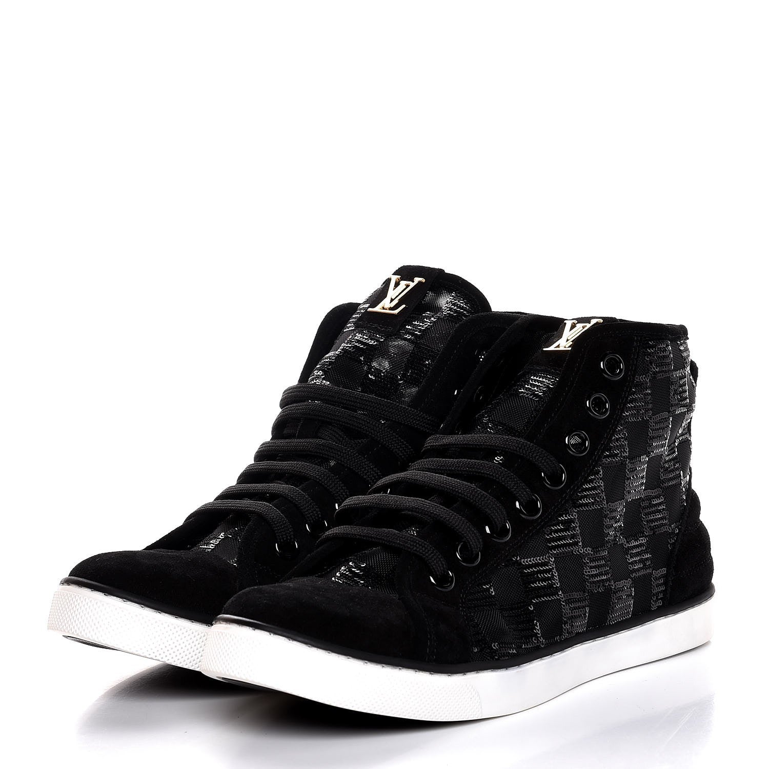 Louis Vuitton Calfskin Suede Sequins Damier Punchy High Top Sneakers 38.5 Black 3 of 8