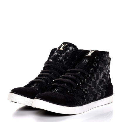 Louis Vuitton Calfskin Suede Sequins Damier Punchy High Top Sneakers 38.5 Black 3 of 8