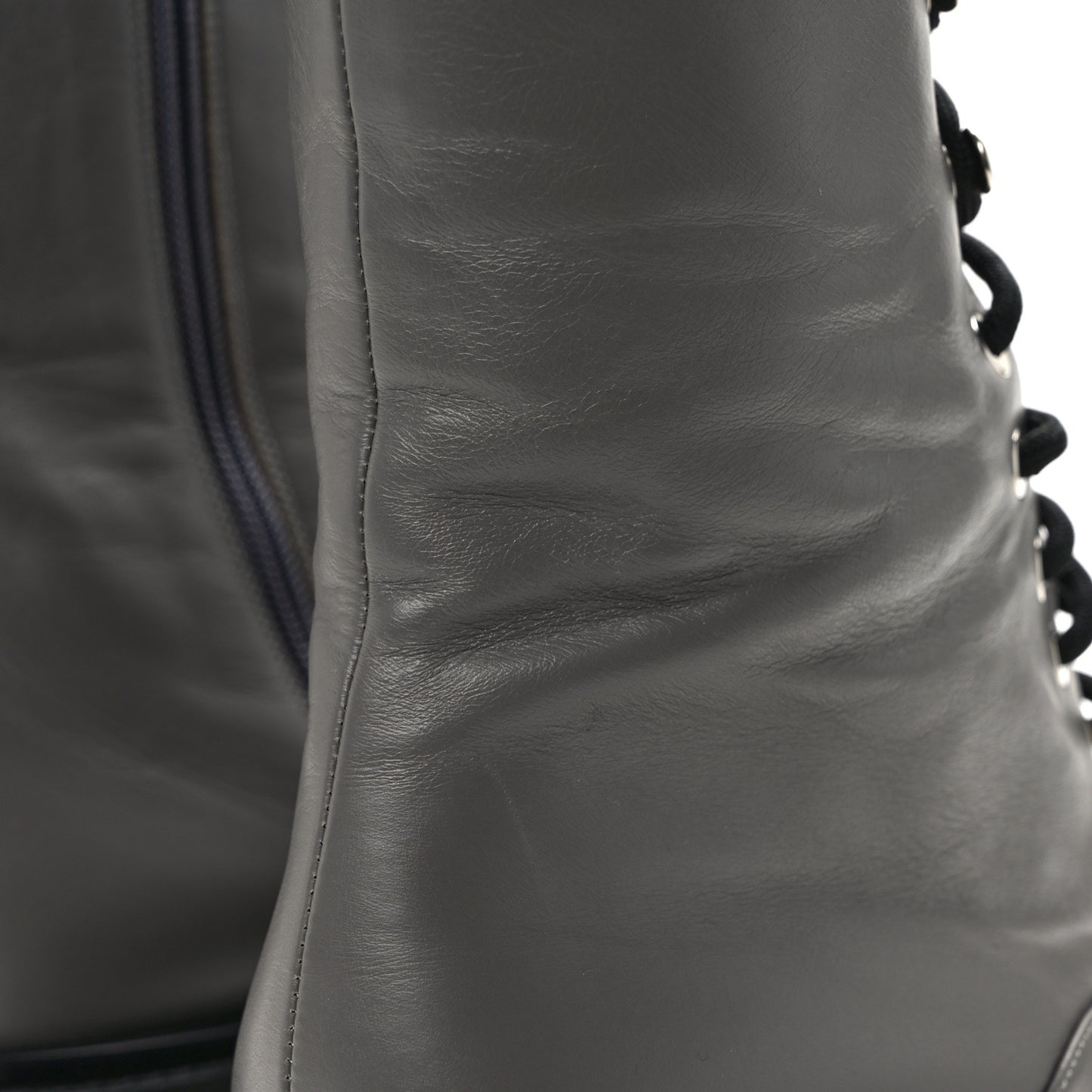 Crumpled Calfskin Patent Cap Toe Lace Up Combat Boots 40.5 Gray