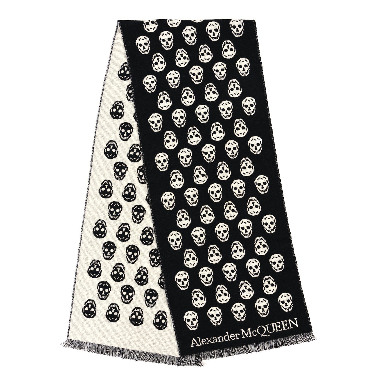 Alexander McQueen Wool Reversible Upside Down Skull Scarf Black Ivory 1 of 3