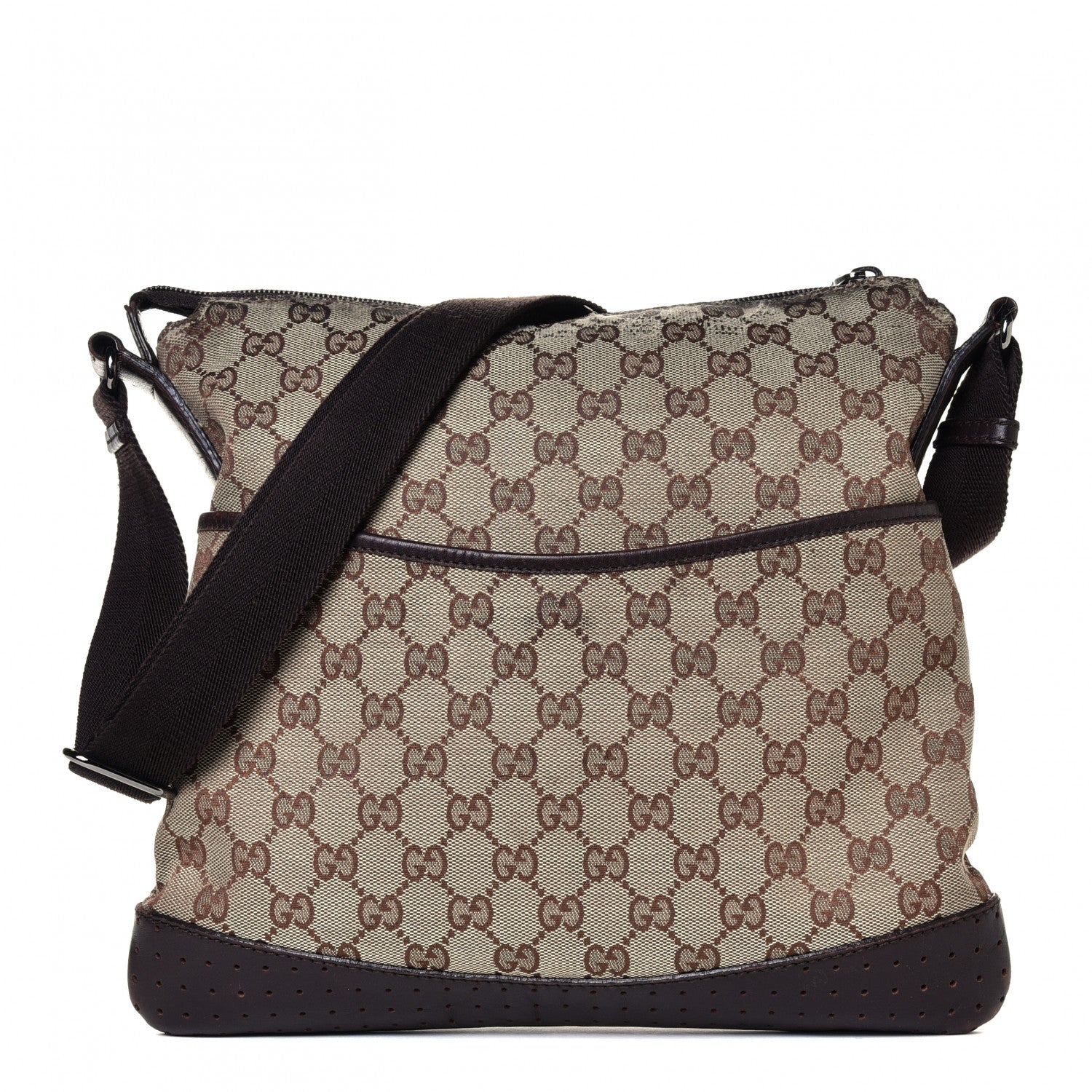 Gucci Monogram Calfskin Perforated Medium Flat Messenger Bag Dark Brown 1 of 9