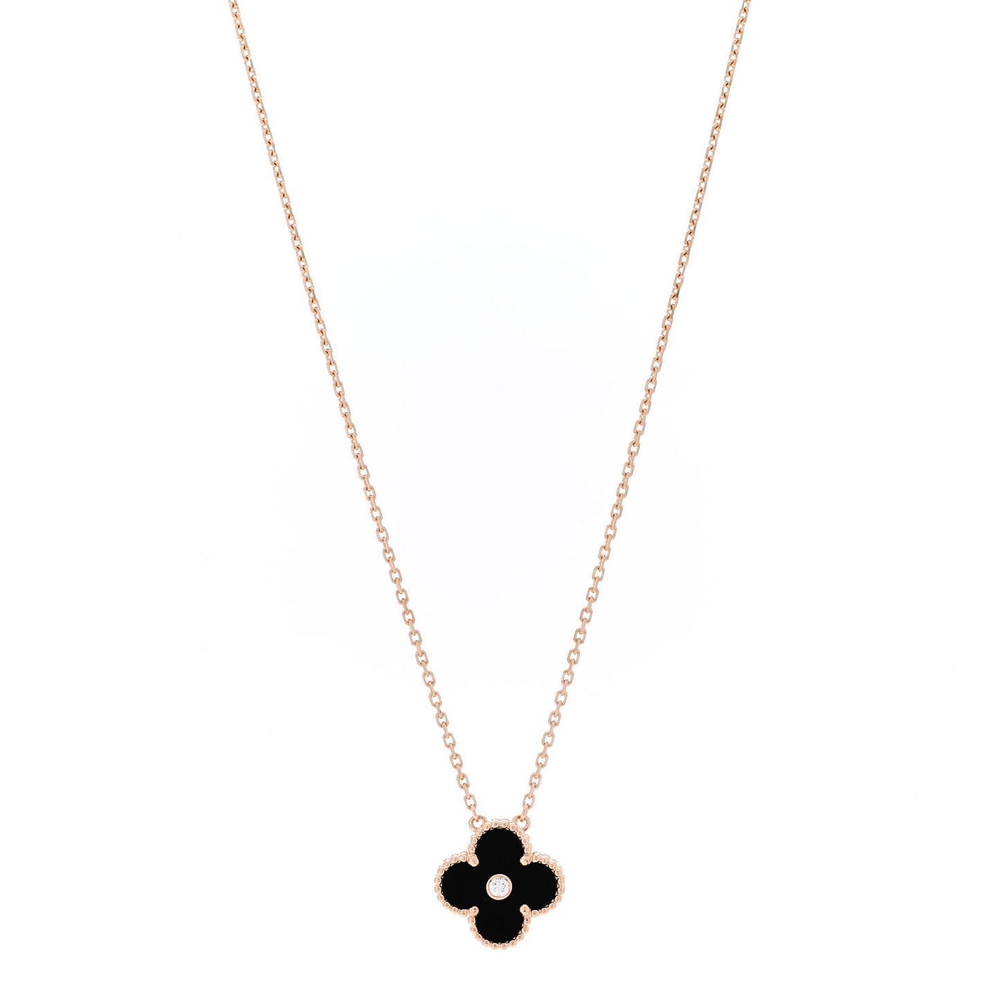 18K Rose Gold Diamond Black Onyx Vintage Alhambra Pendant Necklace