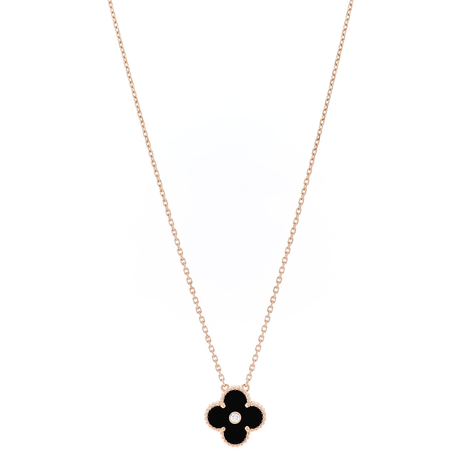 Van Cleef & Arpels 18K Rose Gold Diamond Black Onyx Vintage Alhambra Pendant Necklace 1 of 6