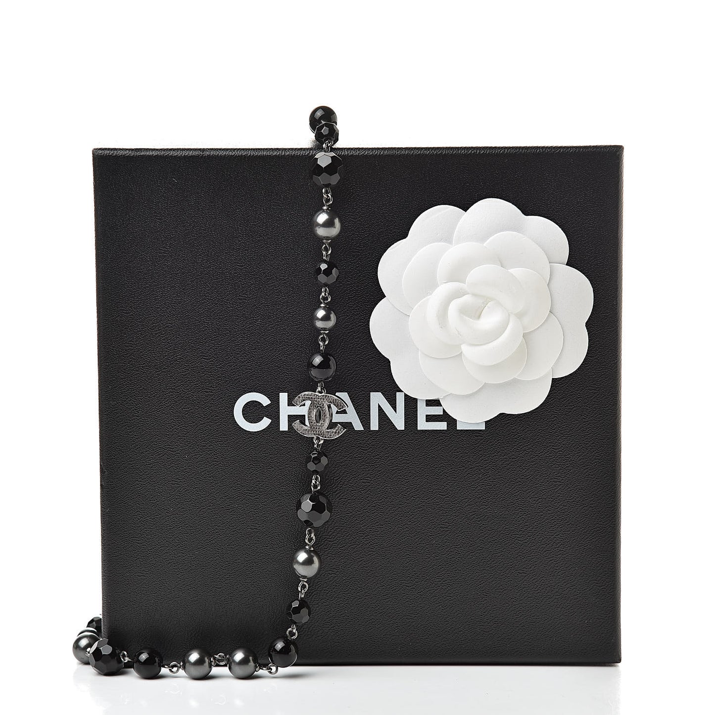 Pearl Bead Enamel CC Long Necklace Silver Black Grey