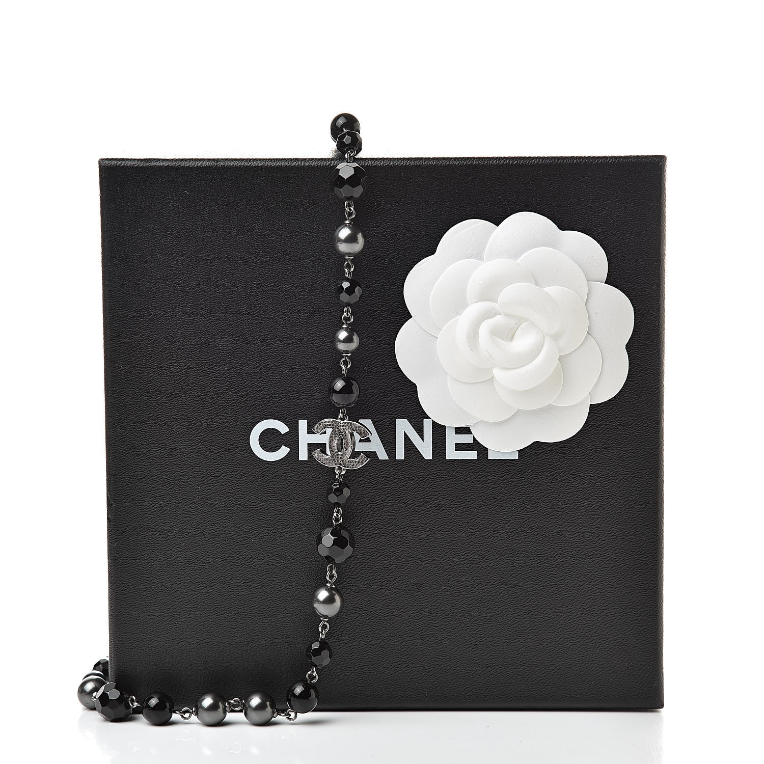 Chanel Pearl Bead Enamel CC Long Necklace Silver Black Grey 5 of 5