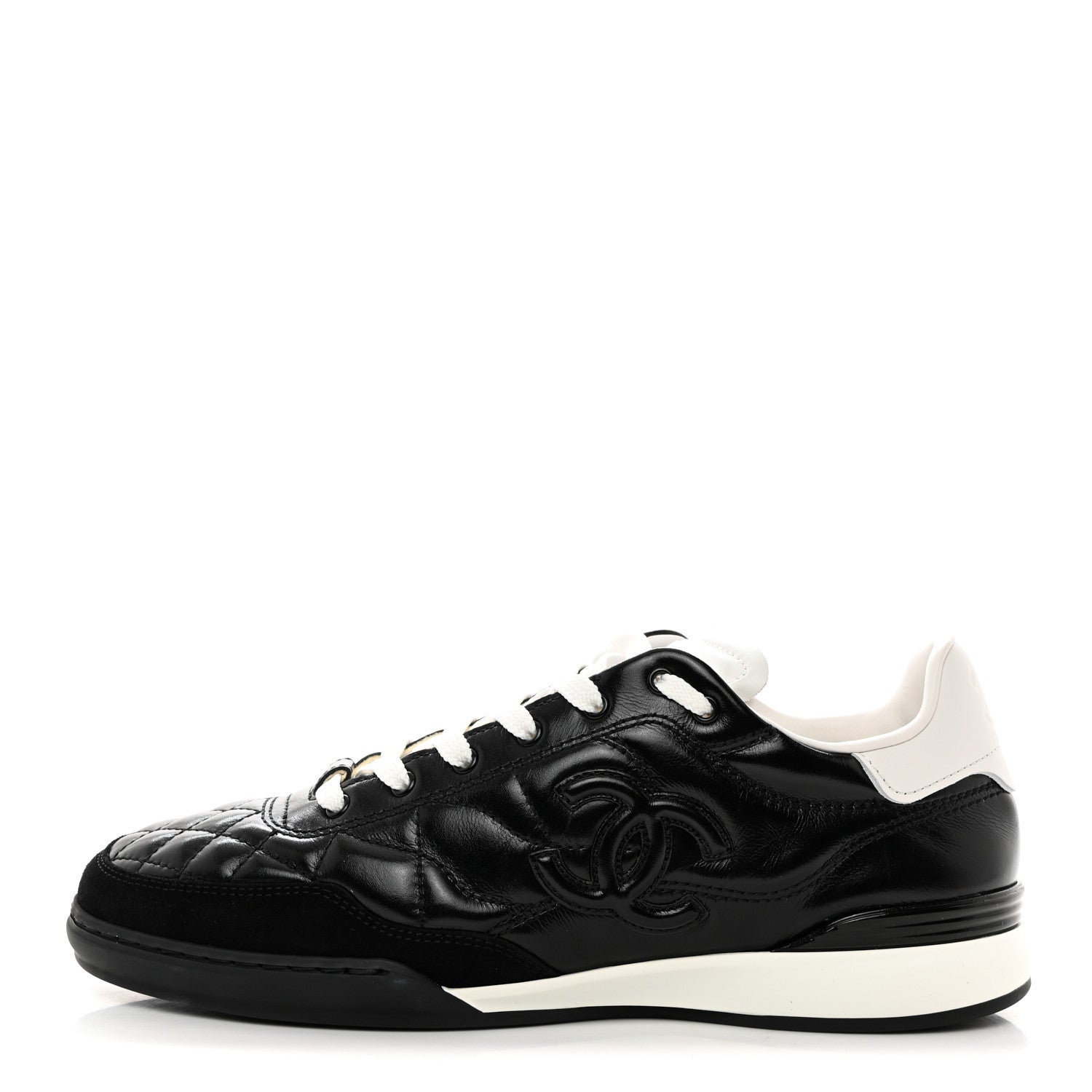Chanel Calfskin Suede Quilted Womens Logo Sneakers 38 Black White 1 of 10