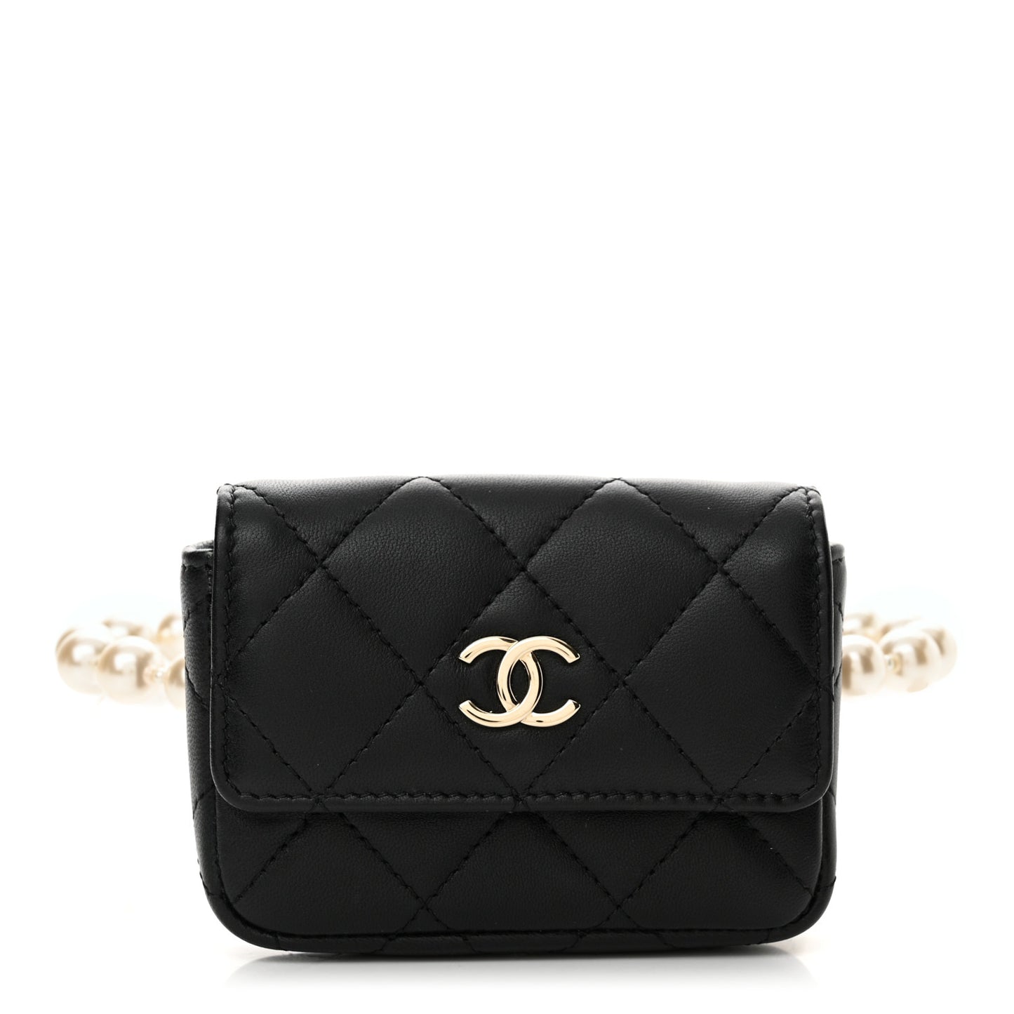 Lambskin Quilted Pearl Chain Belt Bag Black