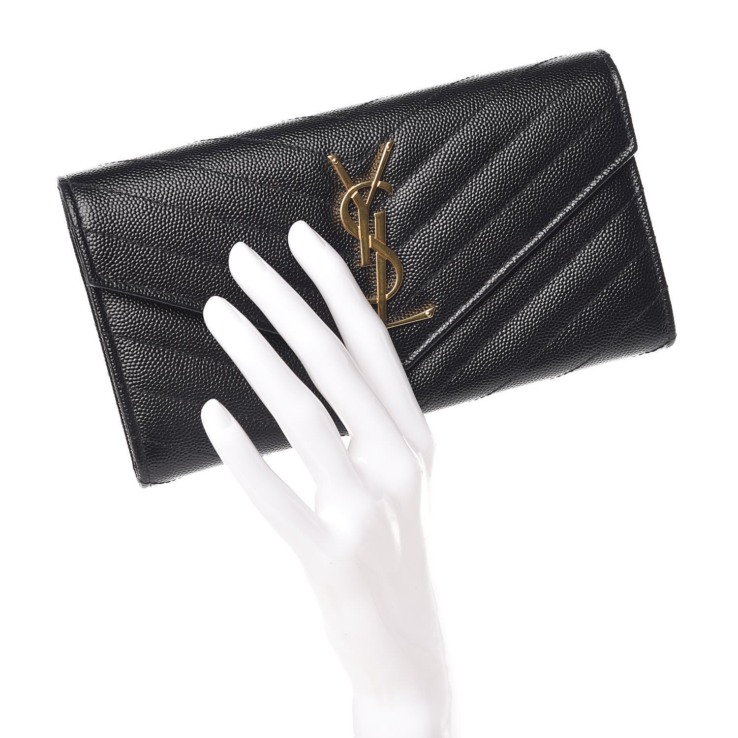Saint Laurent Grain De Poudre Matelasse Chevron Monogram Flap Wallet Black 2 of 7
