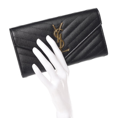 Saint Laurent Grain De Poudre Matelasse Chevron Monogram Flap Wallet Black 2 of 7