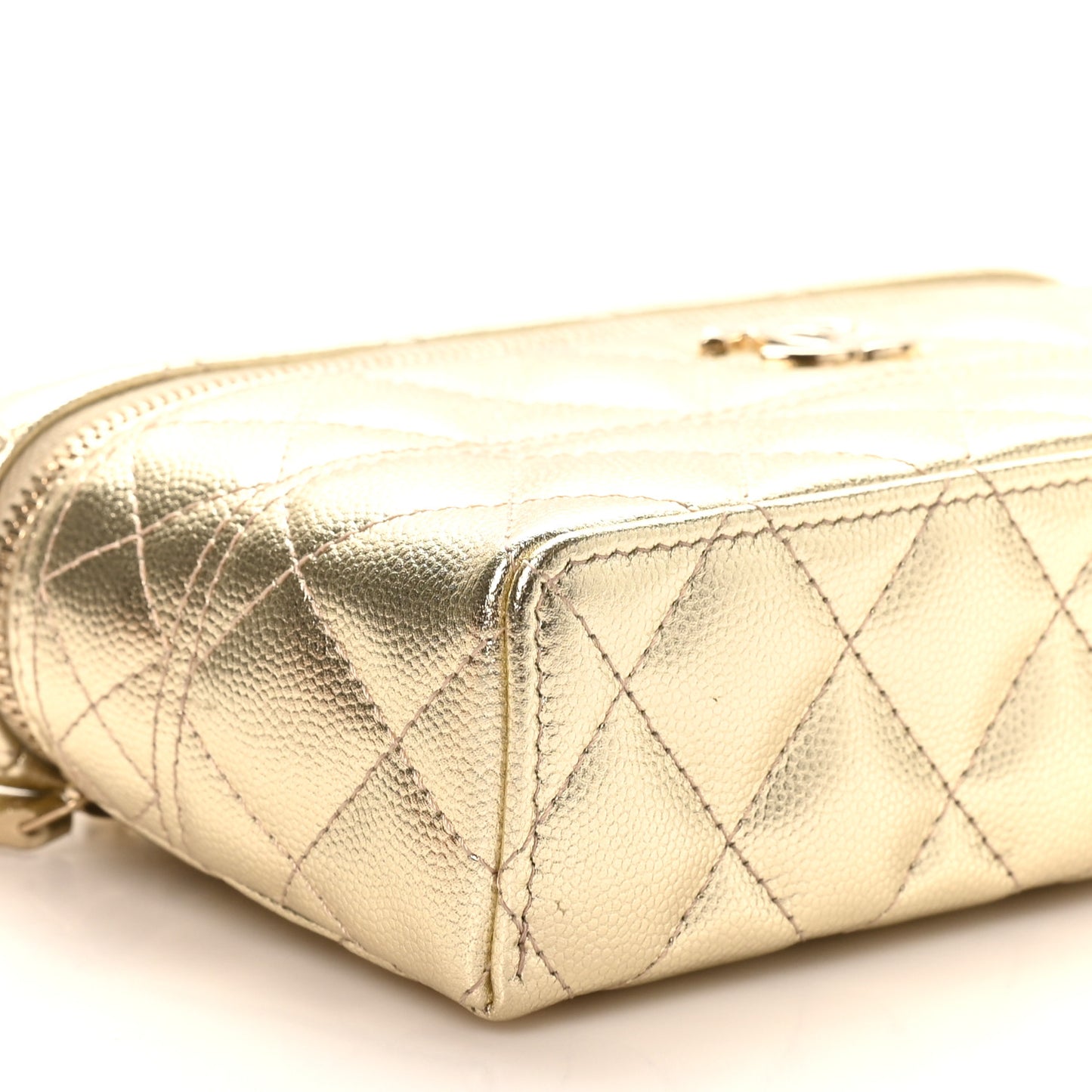 Metallic Caviar Quilted Trendy Handle Slim Vanity Gold