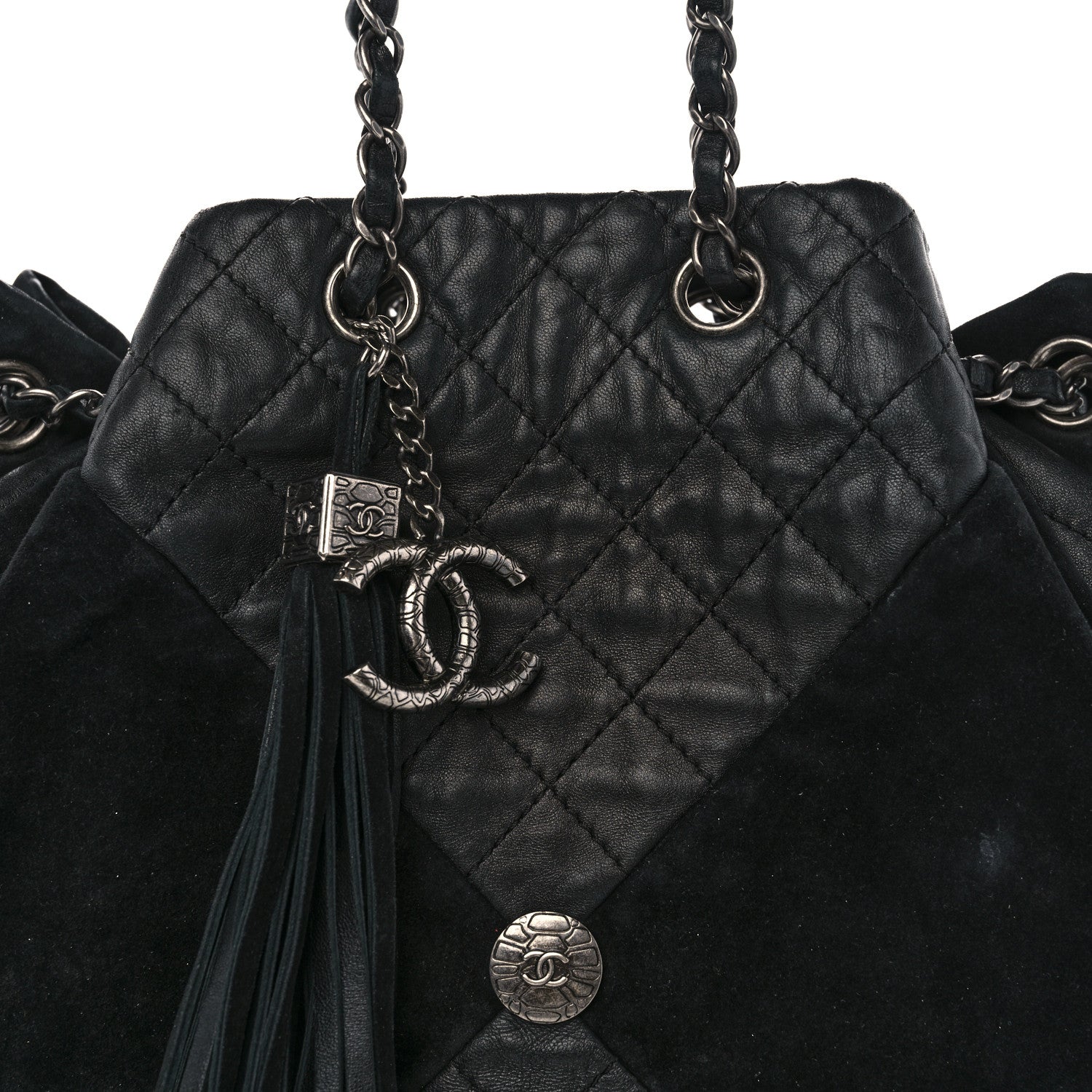 Chanel Goatskin Suede Calfskin Quilted Patchwork Drawstring Bag Black 8 of 14