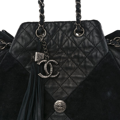 Chanel Goatskin Suede Calfskin Quilted Patchwork Drawstring Bag Black 8 of 14