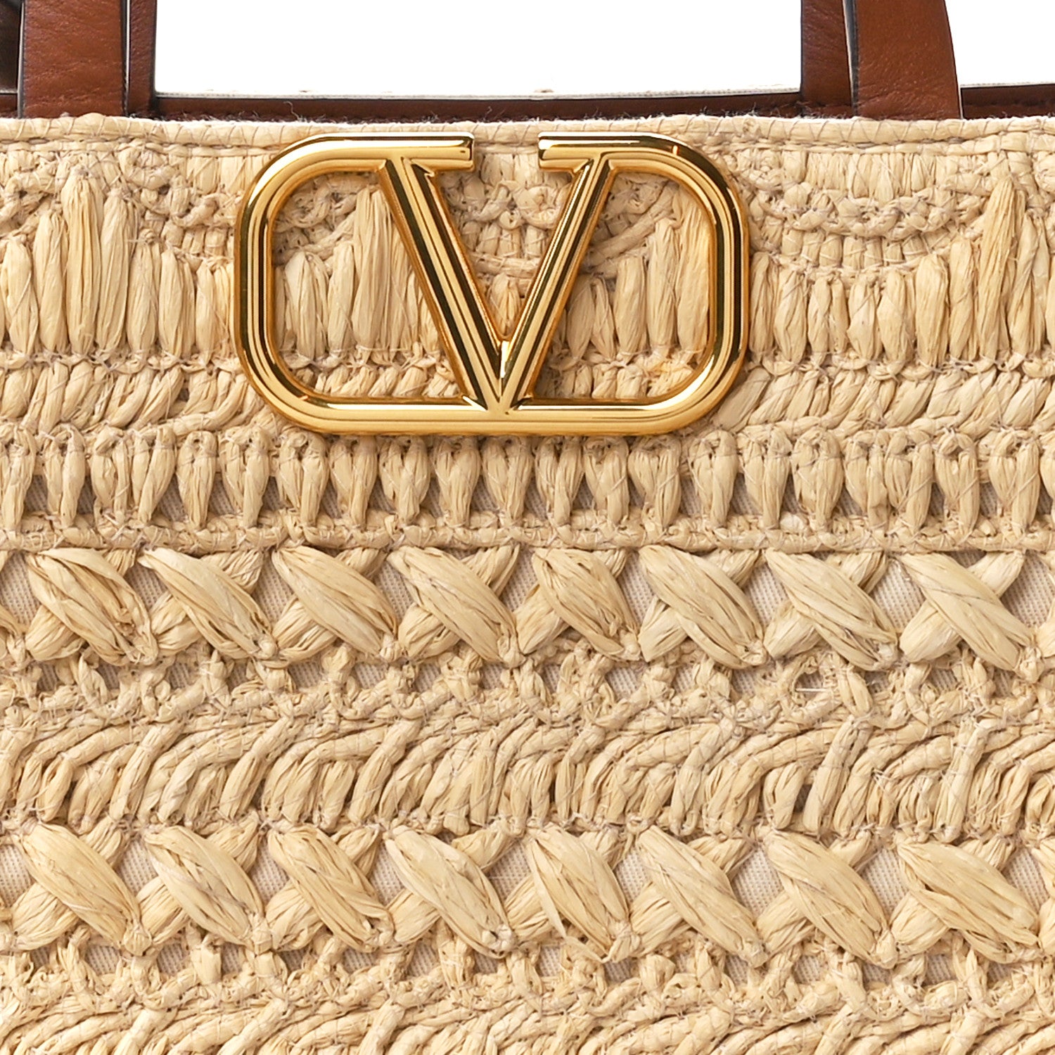 Valentino Garavani Raffia Calfskin Small Vlogo Signature Tote Natural Saddle Brown 7 of 9