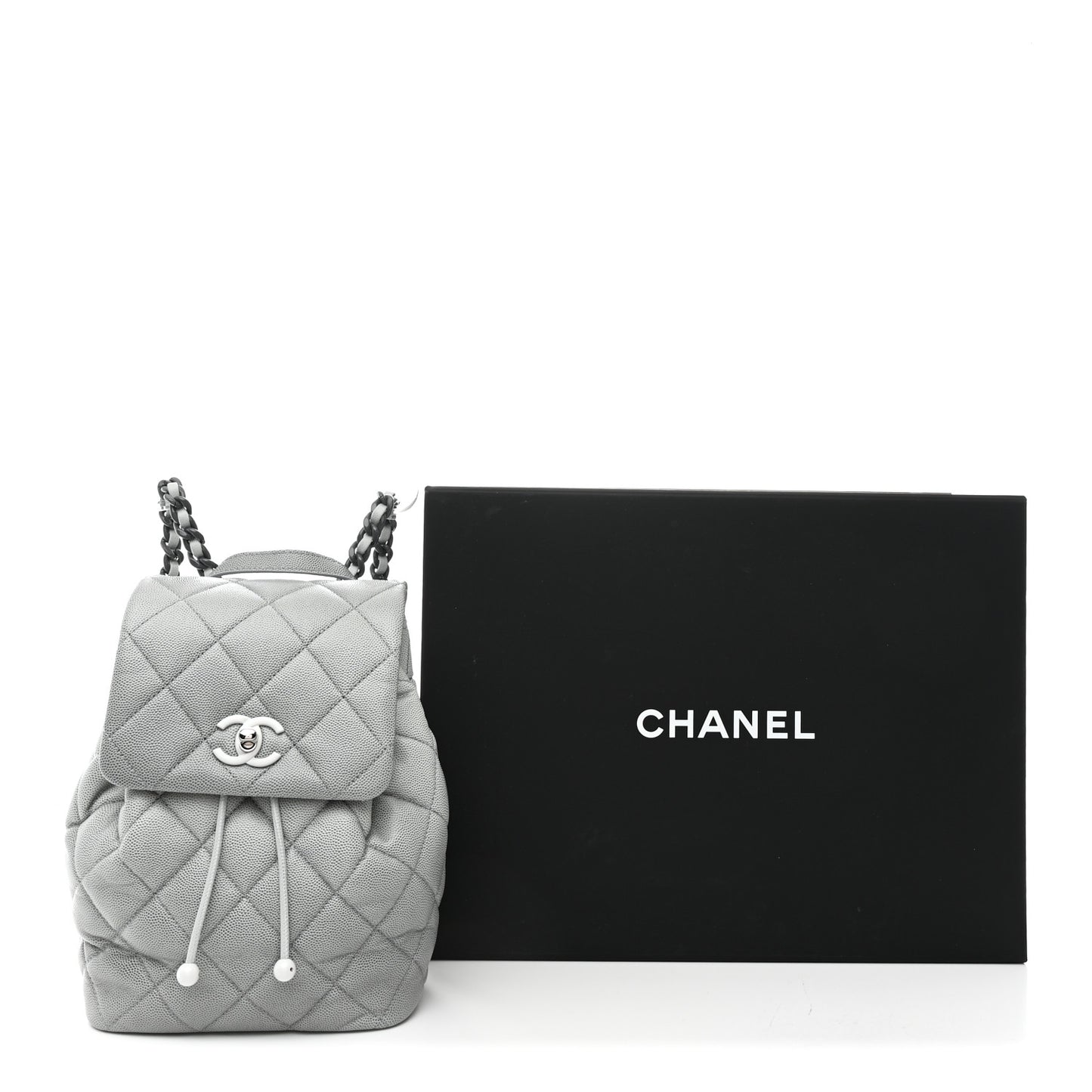Shaded Caviar Quilted Lacquered CC My Everything Drawstring Backpack Dark Grey Light Grey