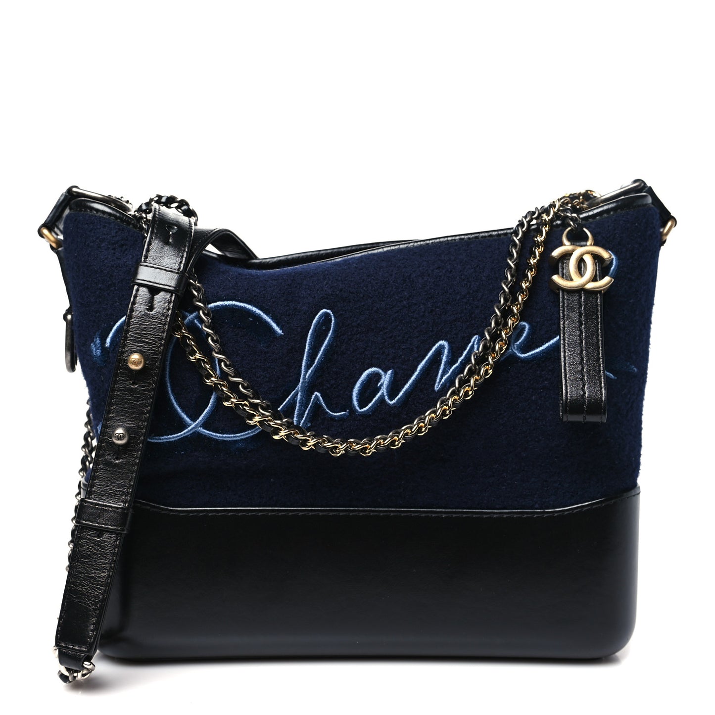 Calfskin Wool Embroidered Paris Hamburg Medium Gabrielle Hobo Dark Navy Blue