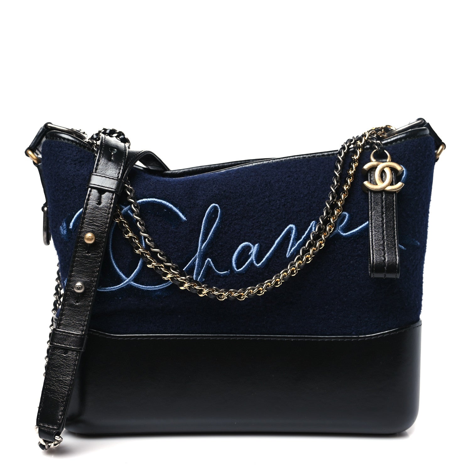 Chanel Calfskin Wool Embroidered Paris Hamburg Medium Gabrielle Hobo Dark Navy Blue 1 of 10