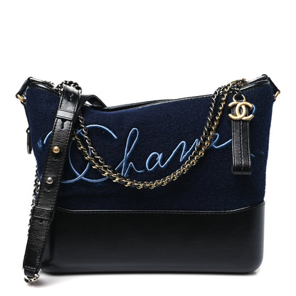 Chanel Calfskin Wool Embroidered Paris Hamburg Medium Gabrielle Hobo Dark Navy Blue 1 of 10