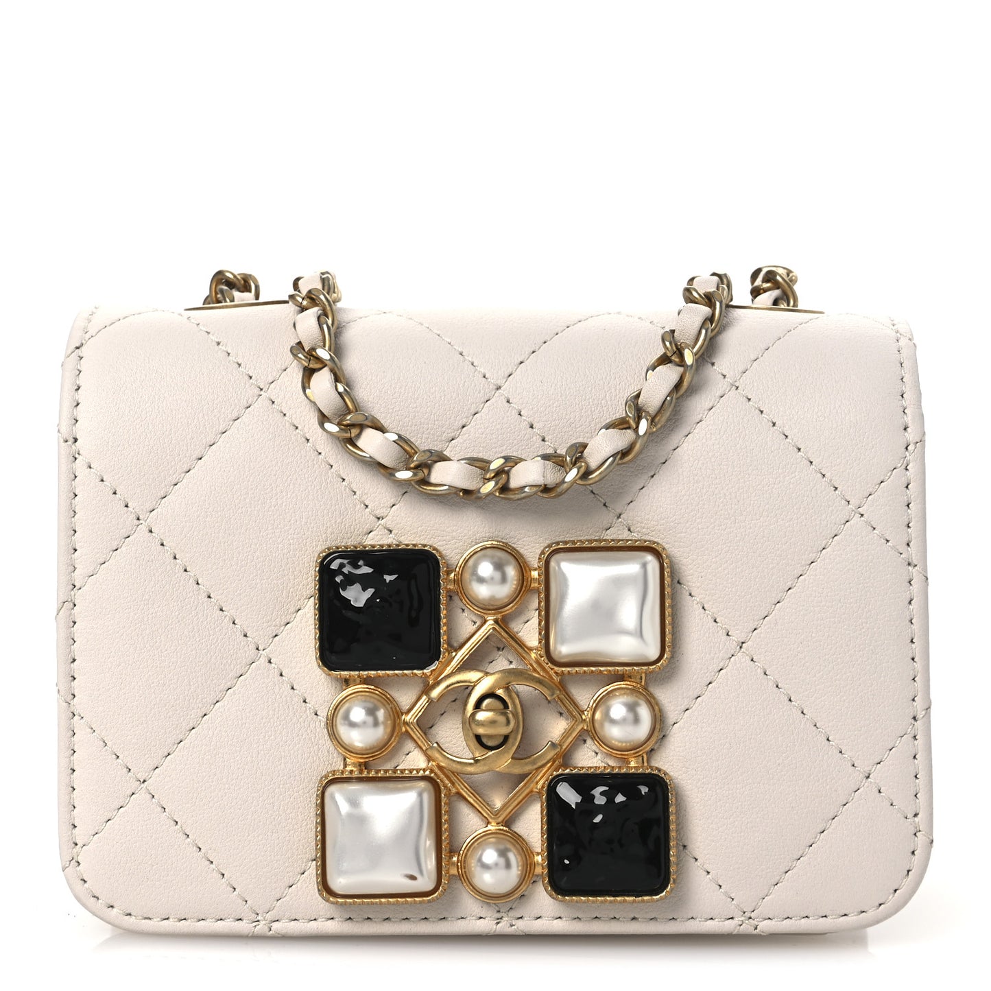 Calfskin Quilted Crystal Pearl Mini Flap Bag White