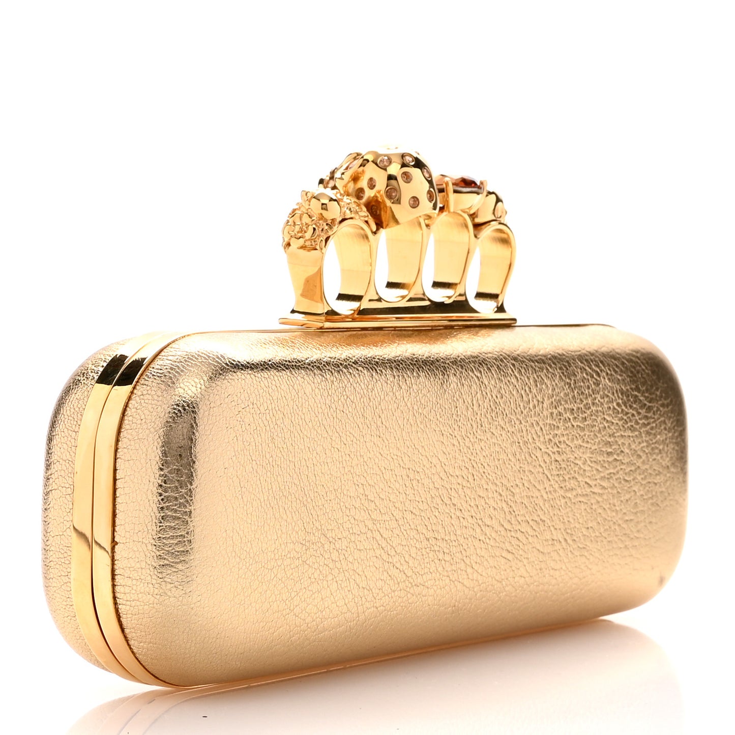 Metallic Calfskin Skull Knuckle Box Clutch Gold