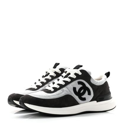 Chanel Nylon Suede Calfskin CC Sneakers 37.5 White Dark Grey 3 of 8