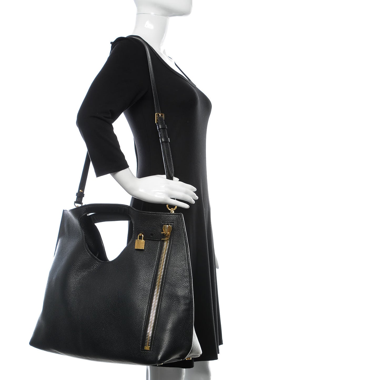 Calfskin Large Alix Padlock Zip Shoulder Bag Black