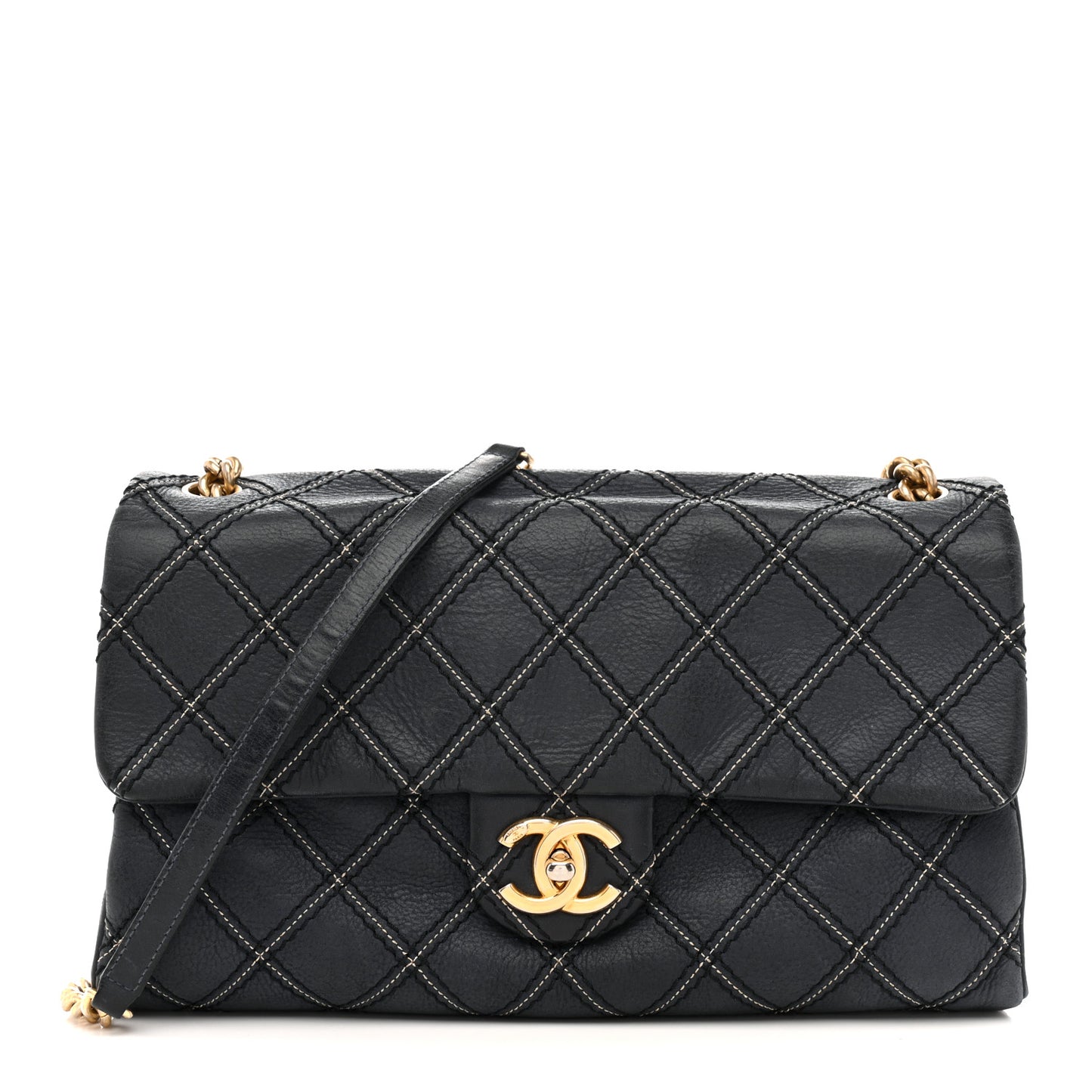 Iridescent Calfskin Triple Stitched Medium Flap Navy
