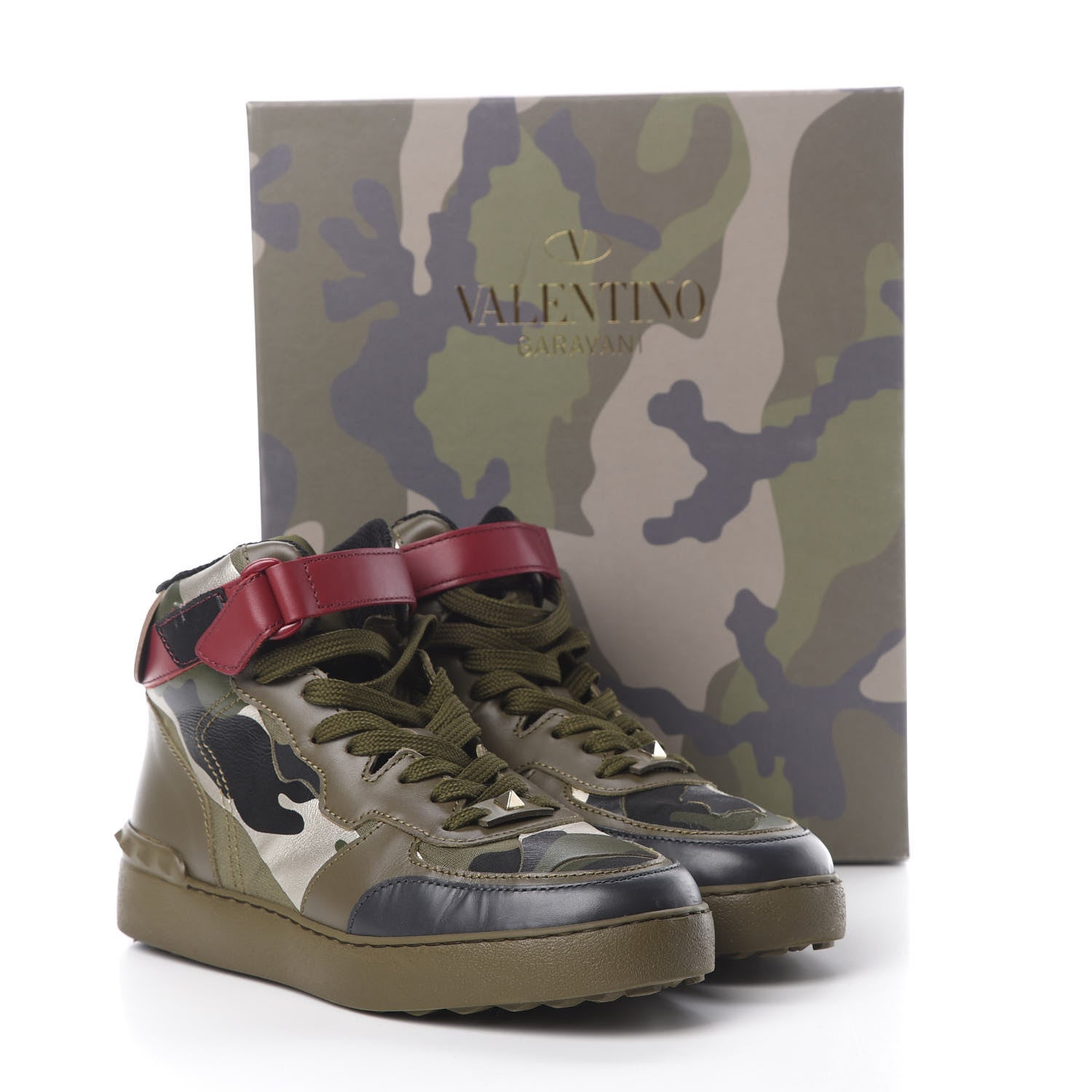 Valentino Garavani Calfskin Canvas Camouflage Rockstud Rock Be Sneakers 38 Olive 9 of 9