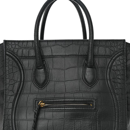 Celine Calfskin Crocodile Embossed Medium Phantom Luggage Black 8 of 17