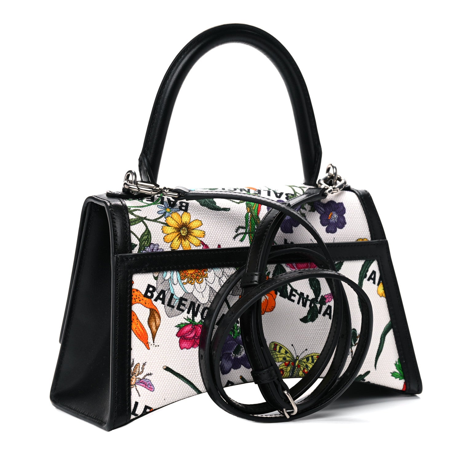 Balenciaga X GUCCI Canvas Boarded Plutone Calfskin Flora Logo Print Small Hourglass Top Handle Bag White Multicolor Black 2 of 11