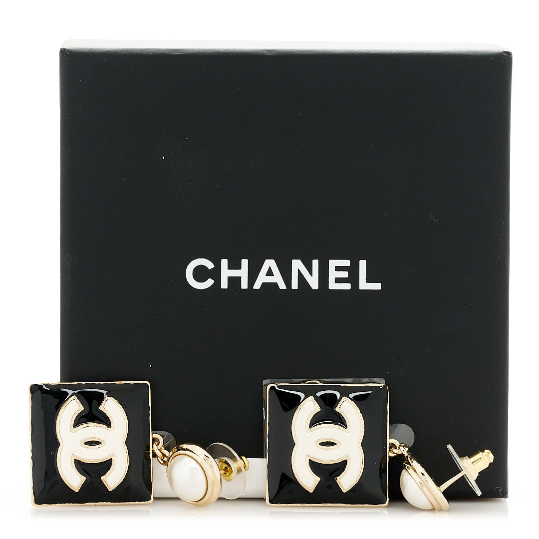Chanel Metal Enamel Pearl Square CC Drop Earrings Gold Black White 5 of 5