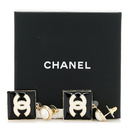 Chanel Metal Enamel Pearl Square CC Drop Earrings Gold Black White 5 of 5