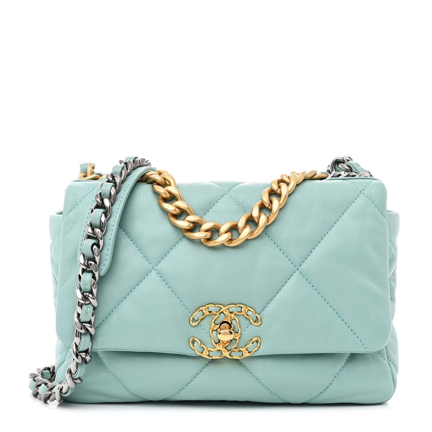 Shiny Lambskin Quilted Medium Chanel 19 Flap Neon Blue