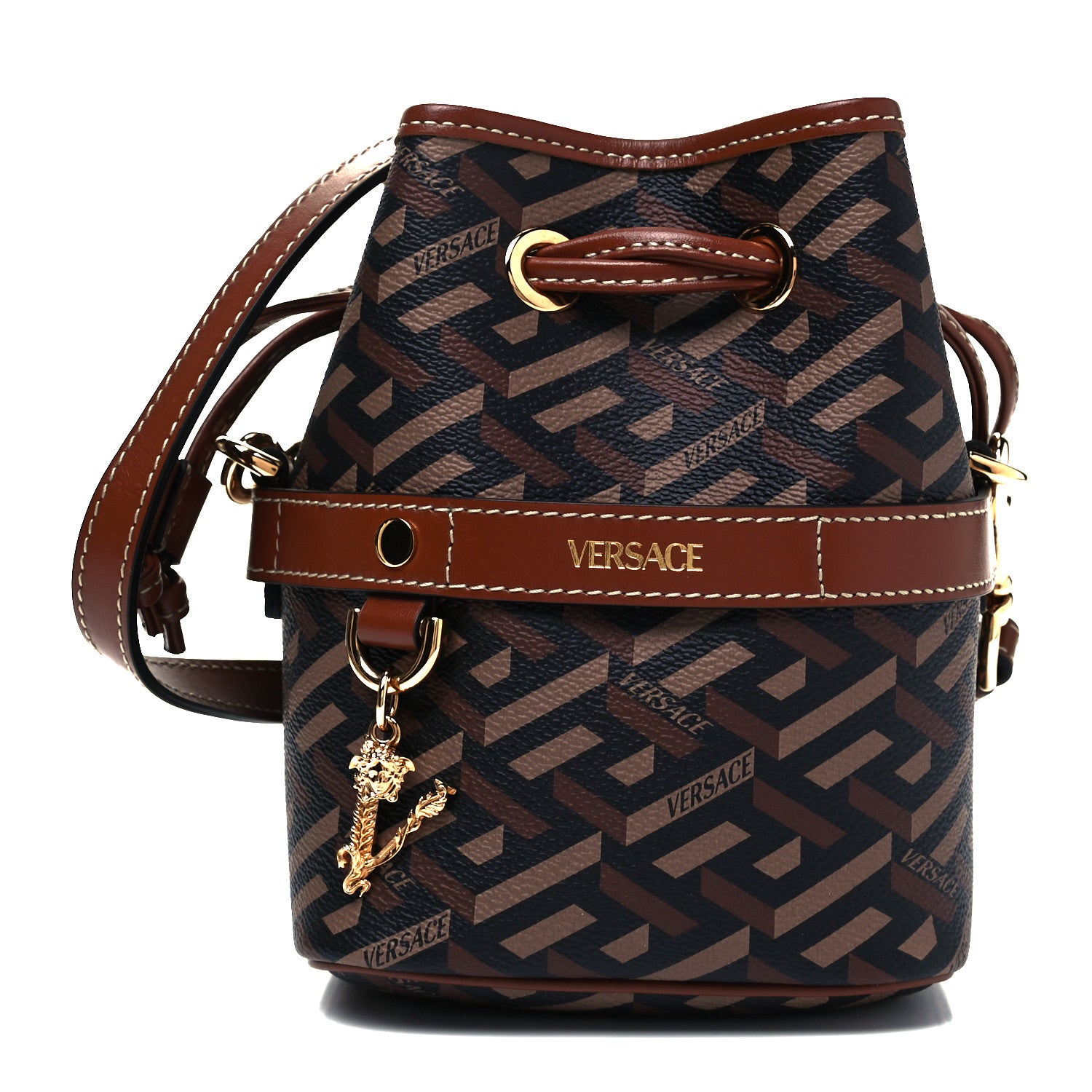 Versace Coated Canvas La Greca Mini Bucket Bag Black Caramel 1 of 8