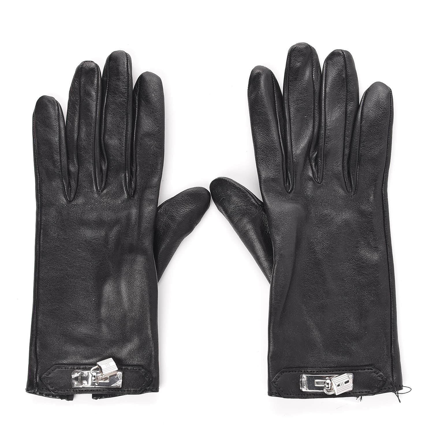 Hermes Lambskin Soya Kelly Lock Gloves 7 Black 1 of 3
