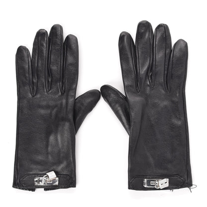 Hermes Lambskin Soya Kelly Lock Gloves 7 Black 1 of 3
