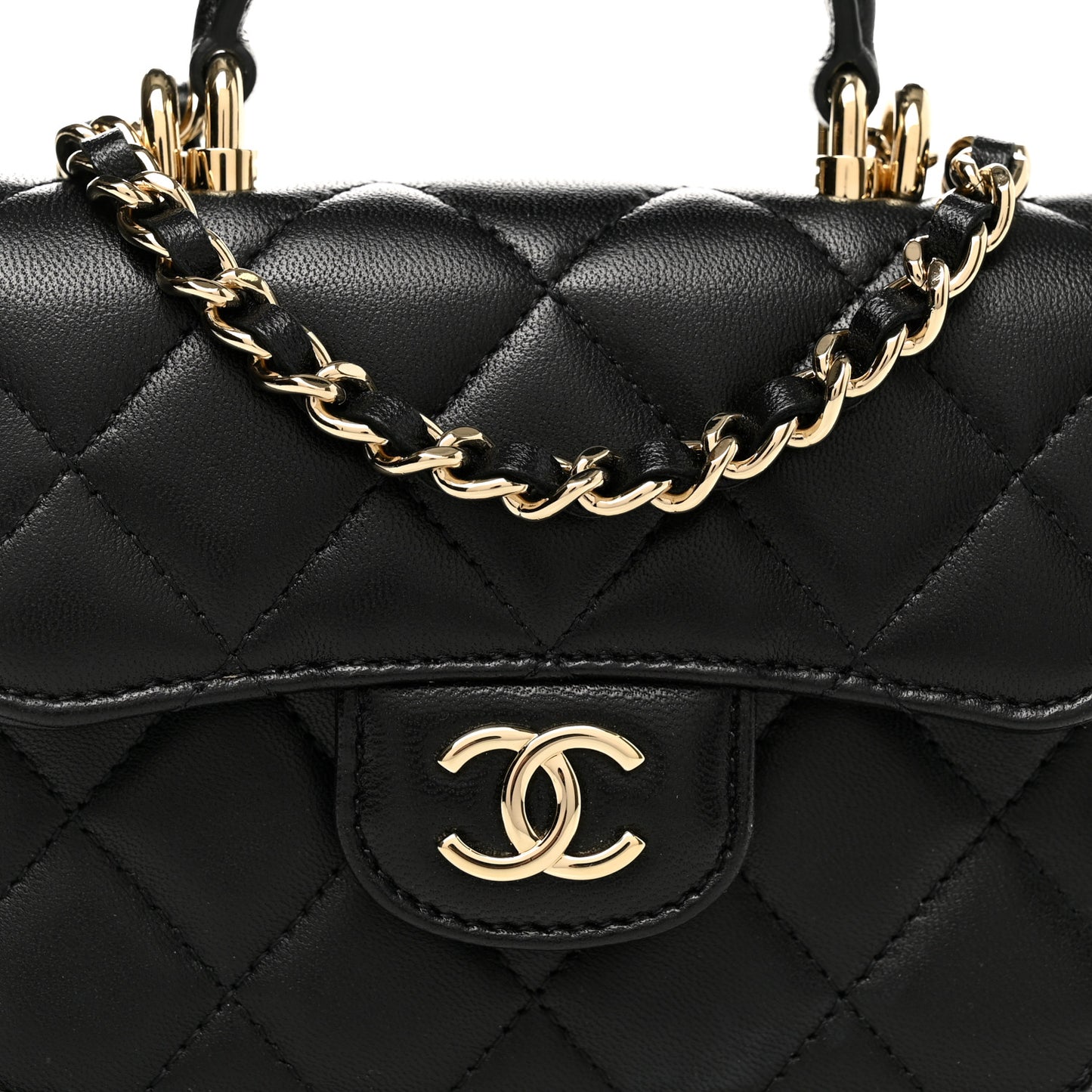 Lambskin Quilted Top Handle Flap Coin Purse With Chain Black