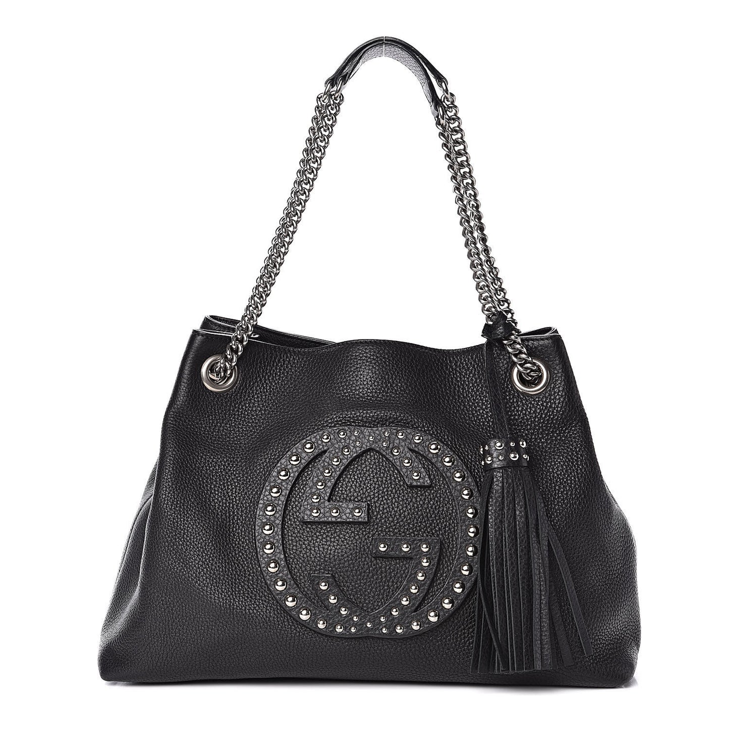 Pebbled Calfskin Studded Medium Soho Chain Shoulder Bag Black