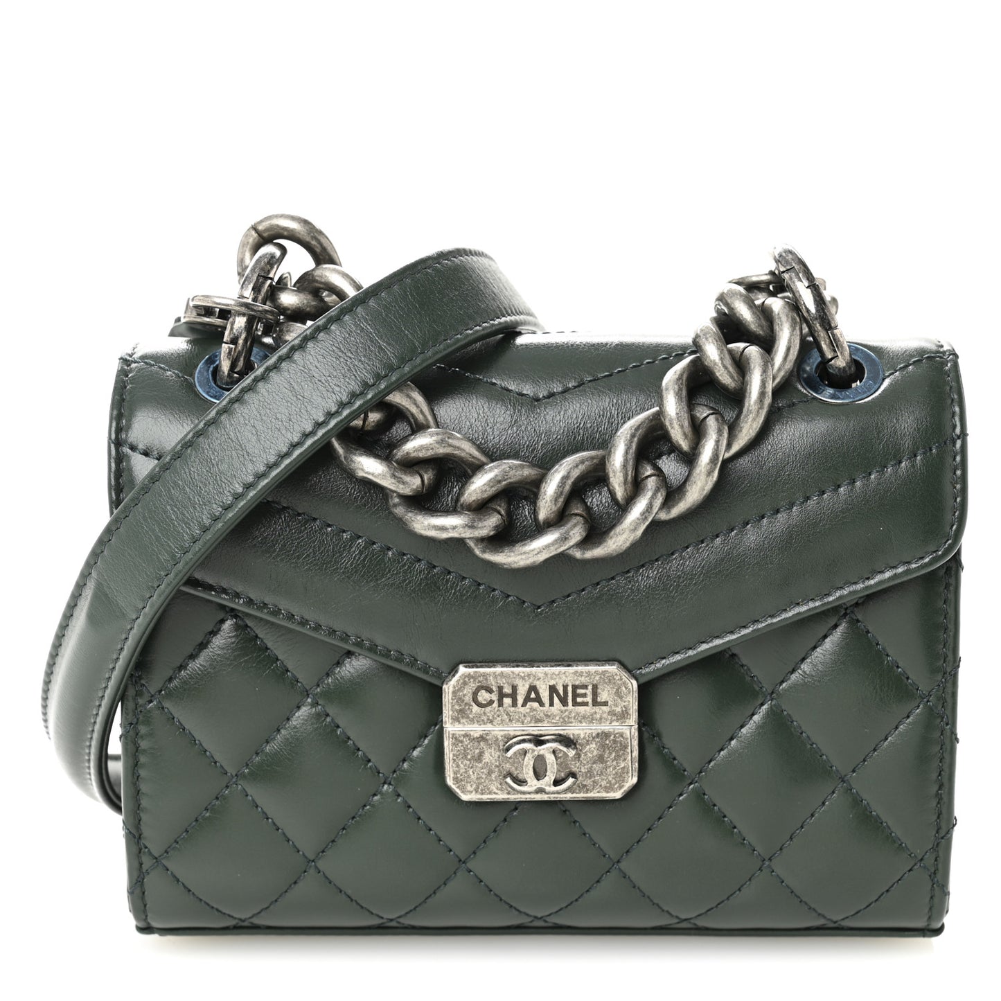 Shiny Calfskin Quilted Mad About Quilting Mini Flap Dark Green
