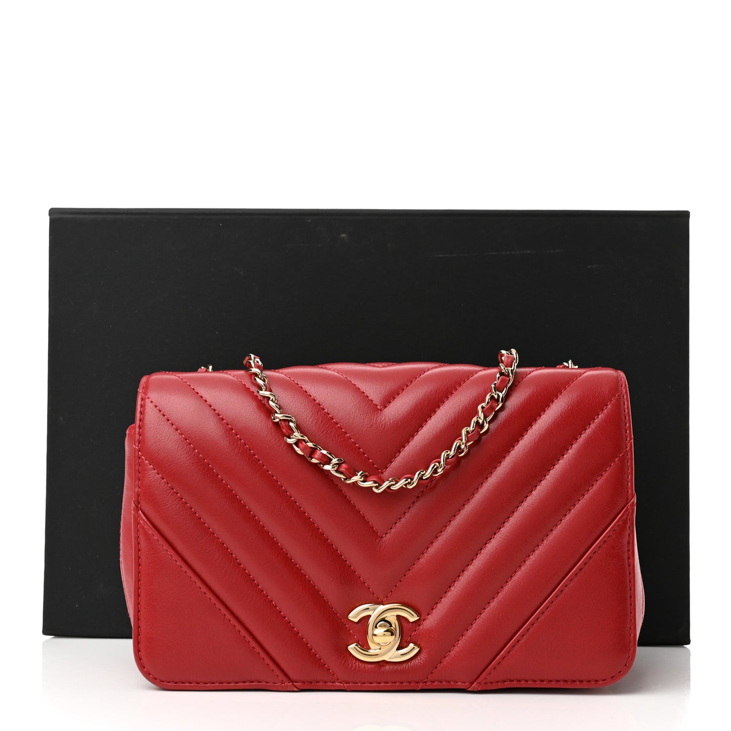 Calfskin Chevron Quilted Mini Statement Flap Red