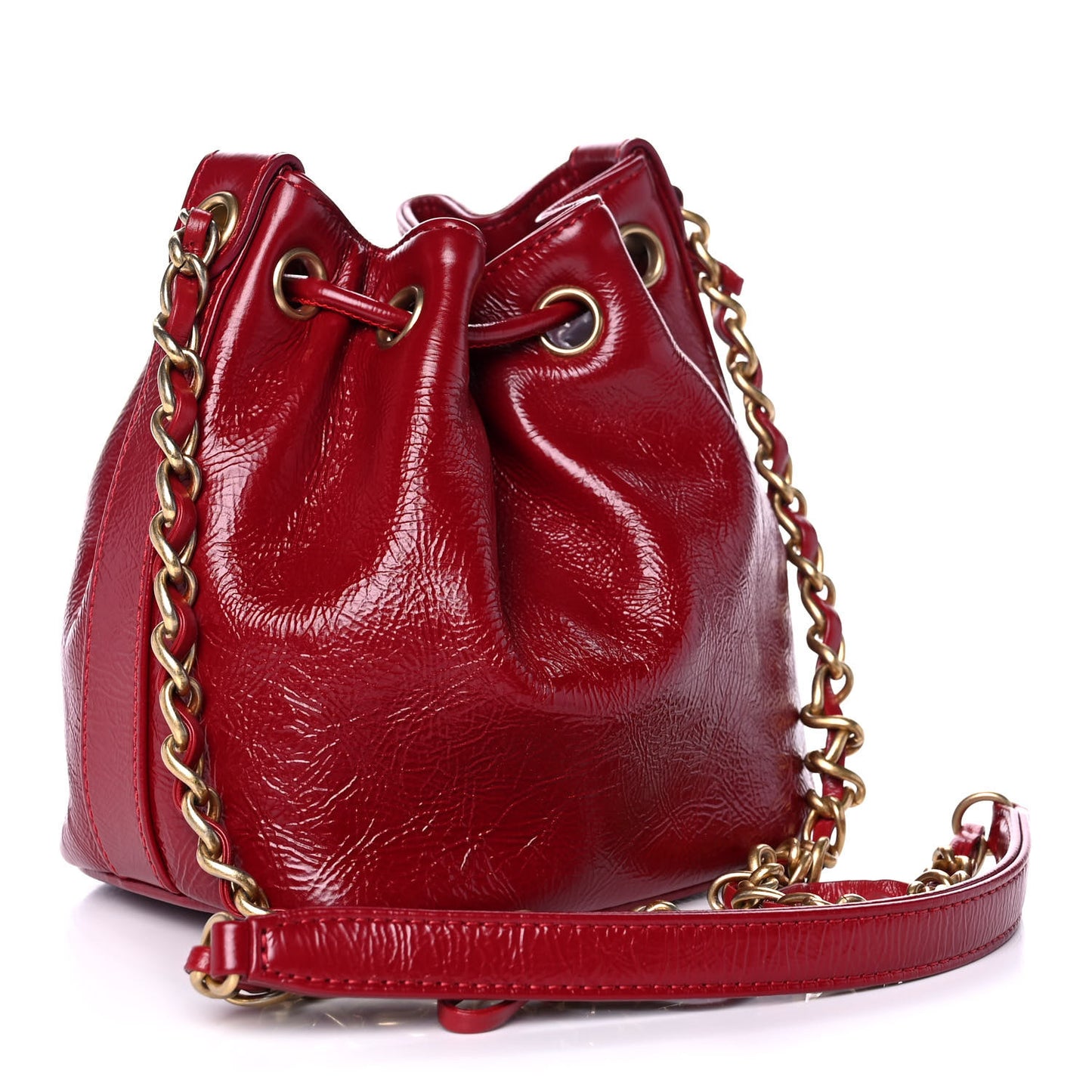 Shiny Aged Calfskin CC Chain Mini Drawstring Bag Red