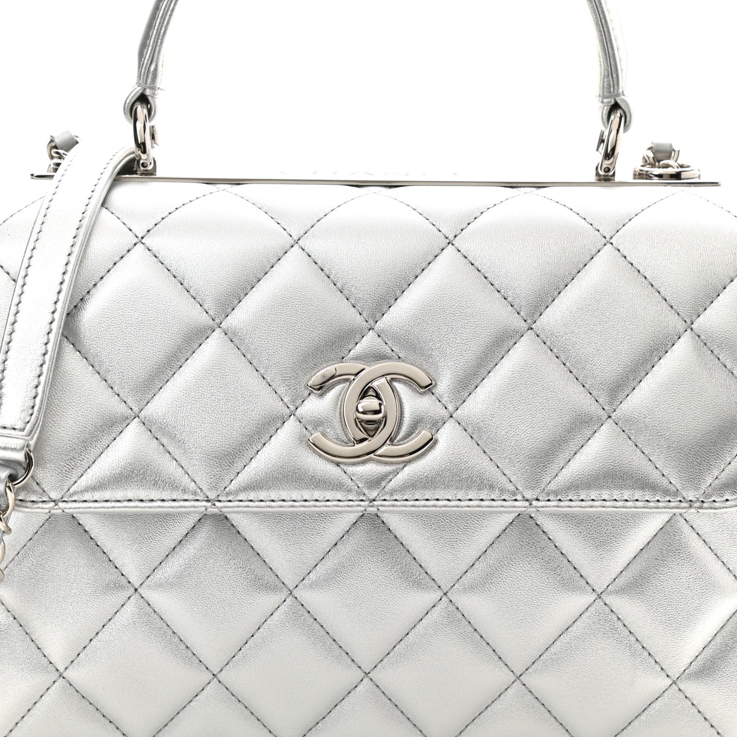 Metallic Lambskin Quilted Small Trendy CC Flap Dual Handle Bag Silver