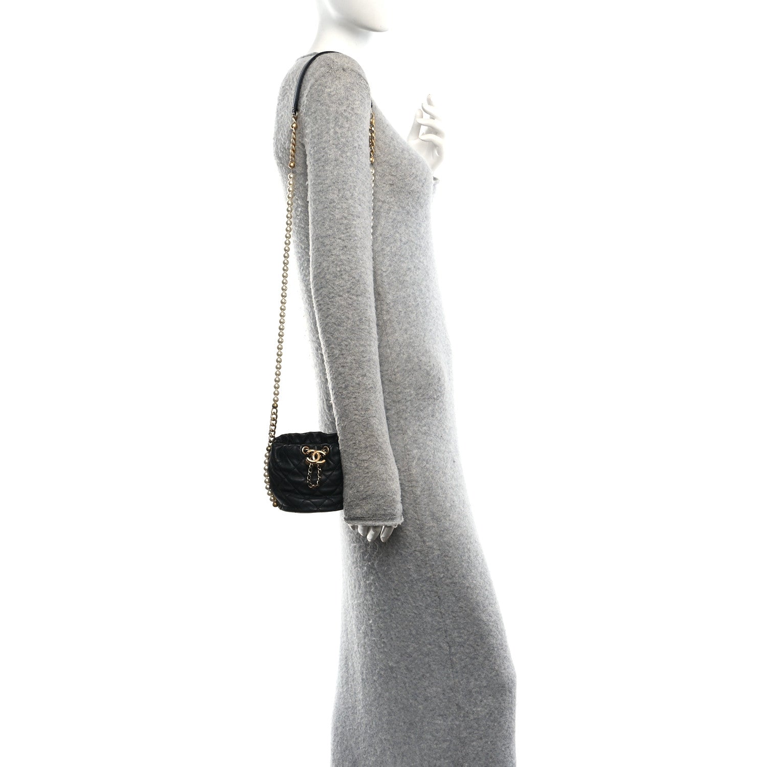 Chanel Calfskin Quilted Pearl Mini About Pearls Drawstring Bucket Bag Black 2 of 10