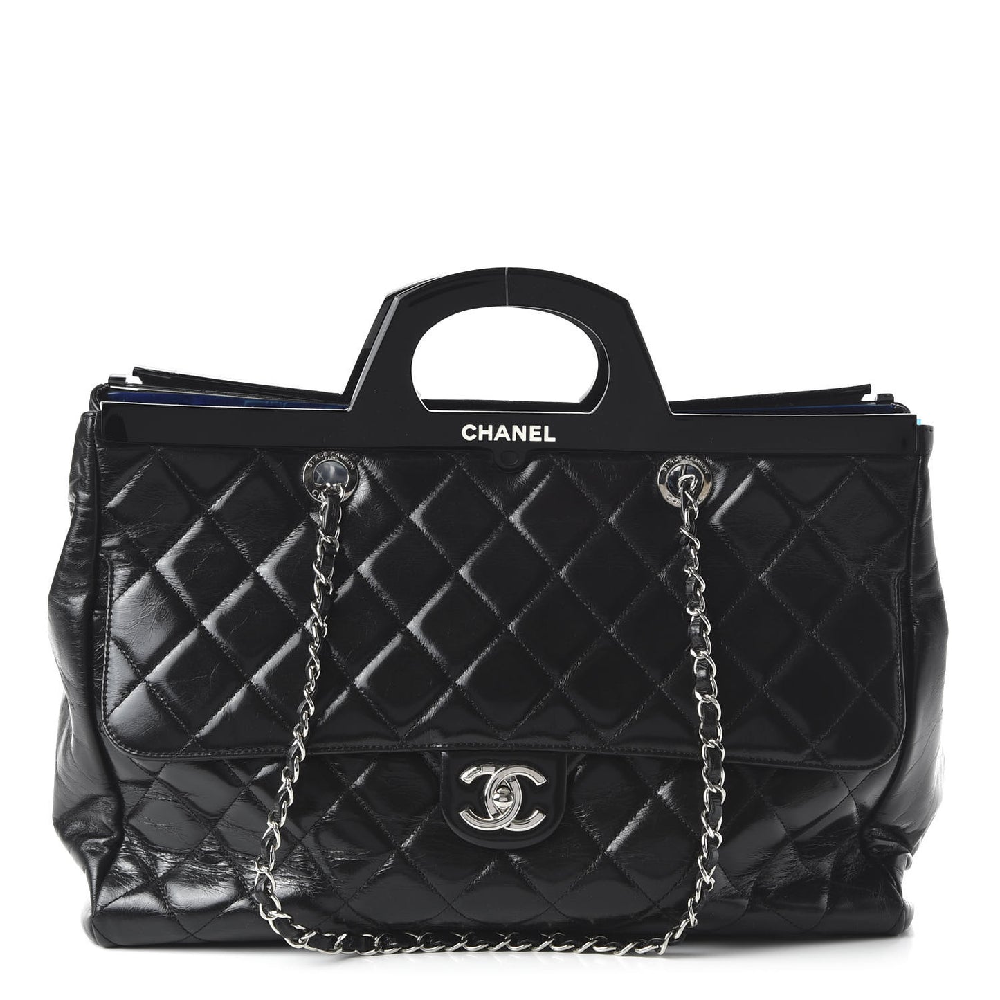 Glazed Calfskin Quilted Large CC Delivery Tote Black
